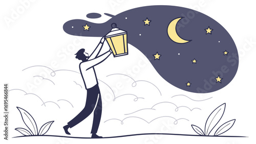 Man holding a lantern under the night sky