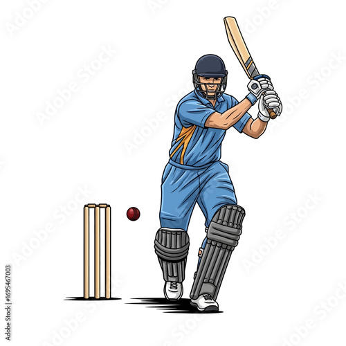 Dynamic cricketer in action, poised to strike the ball with intense focus, ready for sporting triumph.