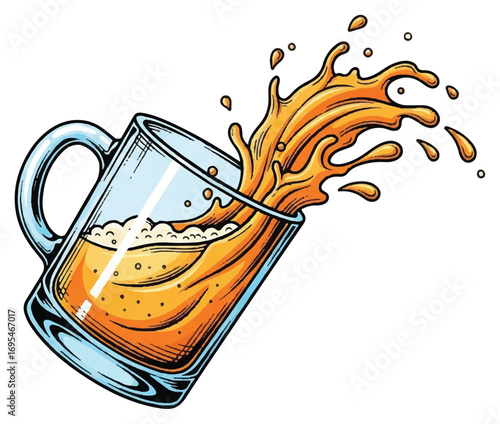 Vibrant illustration of a glass mug tilted, with orange liquid and foam splashing dynamically out of it, against a white background.