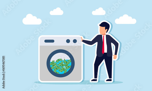 Businessman standing near a washing machine with money illustration of money laundering concept