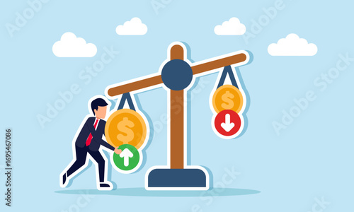 Businessman holding a big coin on a scale with arrows up and down illustration of business profit and return on investment