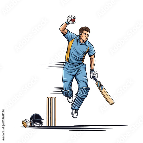 Dynamic cricket bowler in action ready to deliver a fast ball with speed, power, and precision on white backdrop for sports marketing materials
