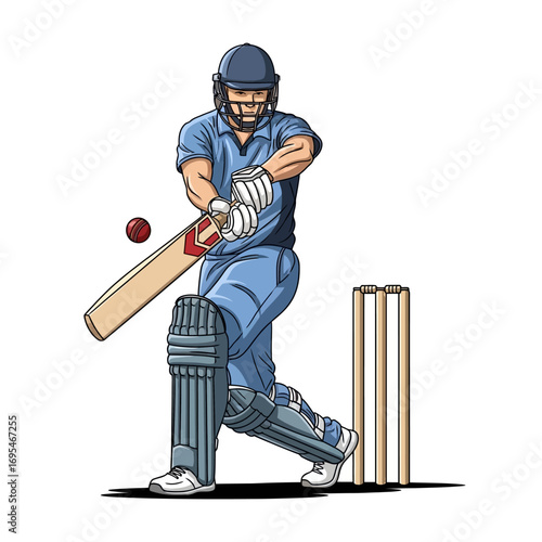 Dynamic cricket player hitting ball with power, showcasing skill and determination during intense match, perfect for sports marketing campaigns