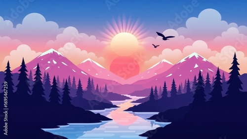 A vibrant, colorful landscape illustration depicts a serene sunrise over snow-capped mountains, a tranquil river, and a forest of tall evergreens.