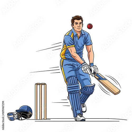 Intense cricket player swinging bat at oncoming ball in vibrant, energetic game action - cricket sport, teamwork, skill, and competition