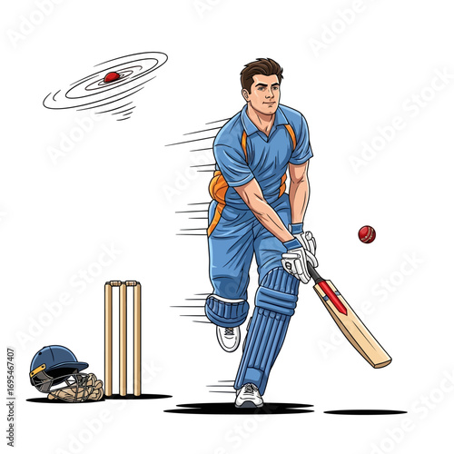 Dynamic cricket player about to strike the ball with power and precision in a thrilling game, ready for sports and entertainment marketing campaigns.