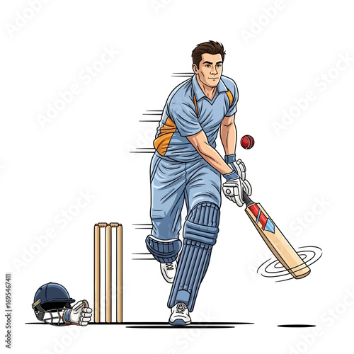 Dynamic cricket player poised to strike the ball with power and precision, capturing the thrill of the sport in a vibrant, action-packed scene