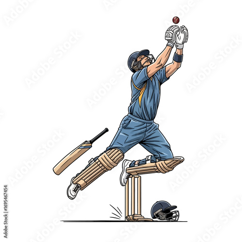 Dynamic cricket player leaping to catch the ball with passion and skill, perfect for sports marketing, training, or team spirit campaigns