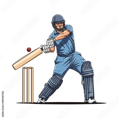 Dynamic cricket player about to strike the ball with powerful swing, showcasing skill and determination in competitive match illustration for sports marketing
