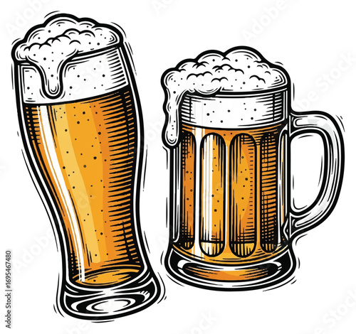 Two glasses of beer with foam overflowing, in a detailed engraving style.