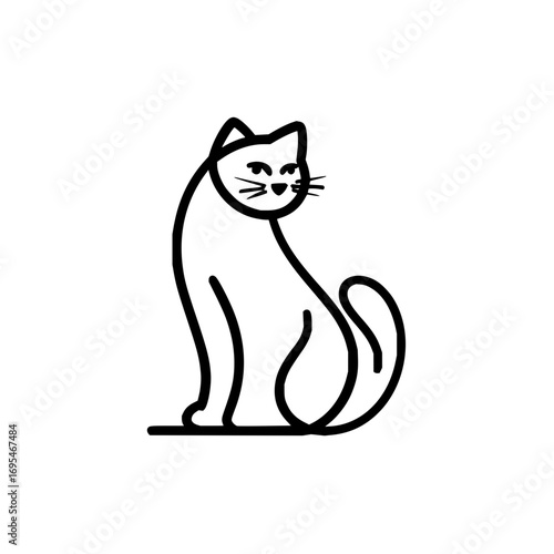 A minimalist line drawing of a cat sitting with a curled tail and a slightly smug expression on its face