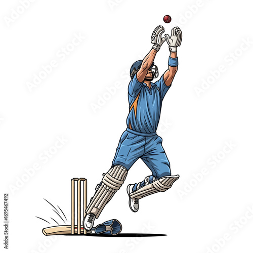 Dynamic cricket player leaps to catch the ball near wickets, ready for intense competition and sports action on the field in a crucial game moment