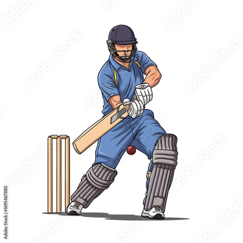 Intense cricket batsman ready to strike the ball with powerful swing in action packed game, showcasing skill, determination, and sporting prowess