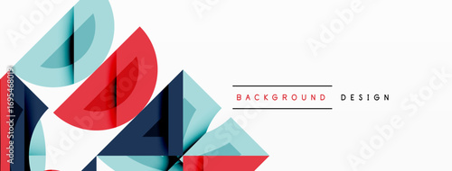 Abstract geometric shapes overlap, creating dynamic visual composition. Red, blue, cyan hues dominate white space. Modern design element.