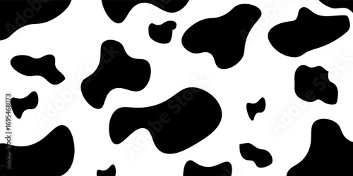 Cow seamless pattern. Vector long abstract background with repeated hand drawn black stains on a white background. Monochrome texture