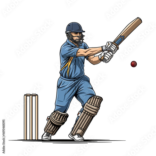 Dynamic cricket player swinging bat with power and precision during intense match, embodying skill and determination on the field, perfect for sports marketing