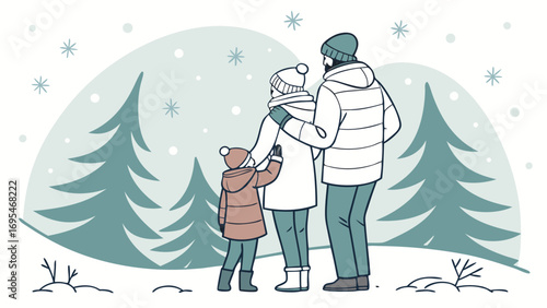 Family enjoying a winter walk among snowcovered trees