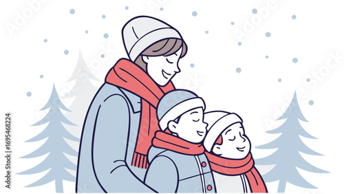Mother and children embracing in a snowy winter landscape