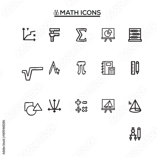 Math Line Icon Set – Geometry, Algebra, Education, Calculator, Symbols