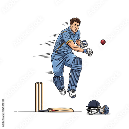 Dynamic cricket player leaping to bat with powerful swing, ready to hit the ball during a competitive match, action sports