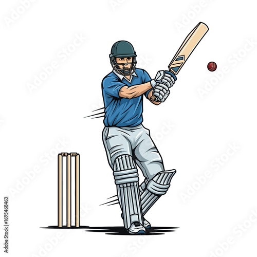 Dynamic cricket batsman hitting ball with powerful swing in action, ready for competitive sports and winning moments