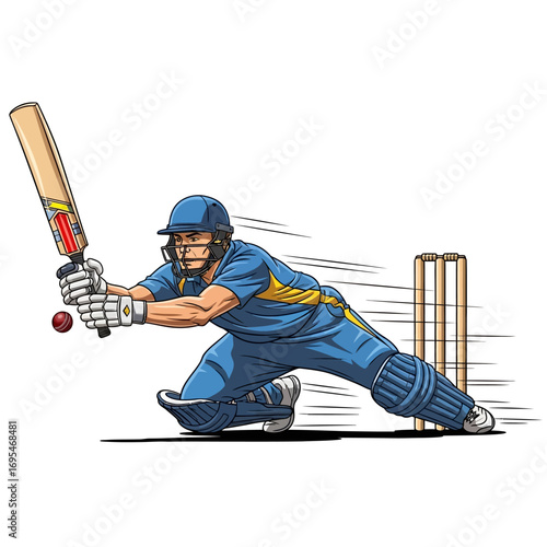 Dynamic cricket batsman playing a powerful shot with bat and ball in action, perfect for sports marketing and advertising