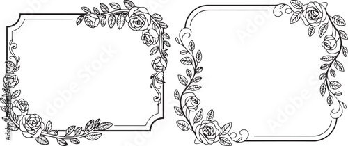 Elegant black and white floral frame set with decorative rose borders and vintage leaf ornaments, perfect for invitations, greeting cards, wedding templates, and decorative design projects.