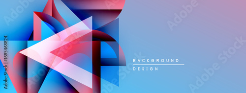 Abstract geometric shapes overlap, creating vibrant color gradients. Blue, pink, red hues dominate design. Right side features light purple gradient.