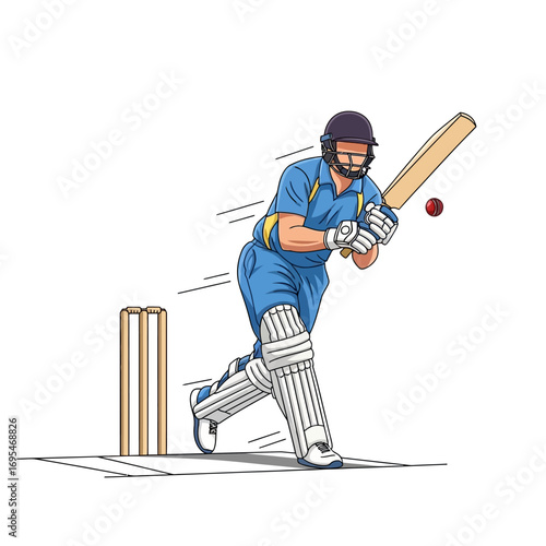 Dynamic cricket player hitting the ball during a professional match with intense focus and athletic action, ready to win