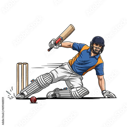 Dynamic cricket batsman hitting a powerful shot during a competitive game, showcasing athletic skill and sportsmanship in action