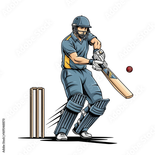 Dynamic cricket batsman hitting the ball with powerful swing, ready for action, showcasing skill and sportsmanship on white background