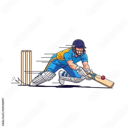 Dynamic cricket batsman hitting a fast ball with power and precision, ready for action, sport illustration