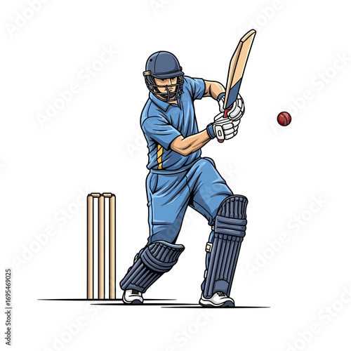 Dynamic cricket batsman swinging bat towards ball ready to score runs, action sport illustration for sports marketing and team design