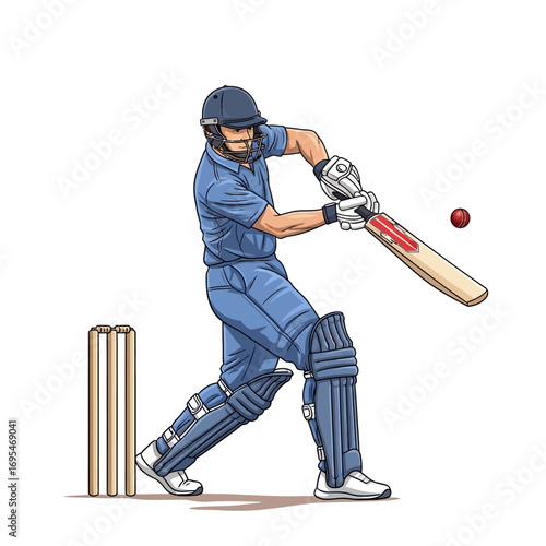 Dynamic cricket batsman hitting the ball with powerful swing, ready for a winning shot against a pristine white background