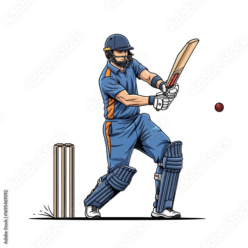 Dynamic cricket batsman hitting ball with powerful swing, ready for competitive sports action in a stadium