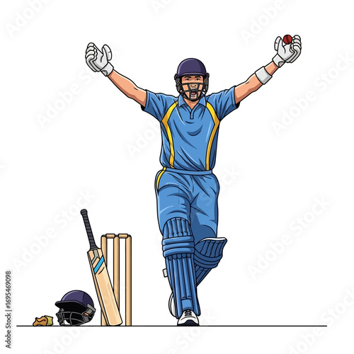 Cricket player celebrates victory with ball in hand, a stunning illustration of triumph and excitement suitable for sports marketing and design
