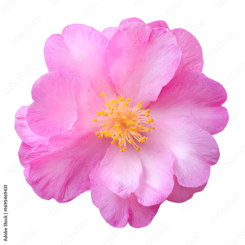 Fototapeta premium Elegant pink camellia blossom against a stark black background for contrast