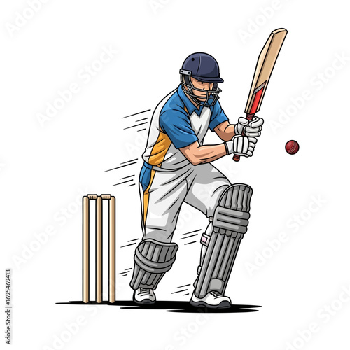 Dynamic cricketer in action, striking a powerful shot during a competitive match, showcasing athletic prowess and sporting passion.