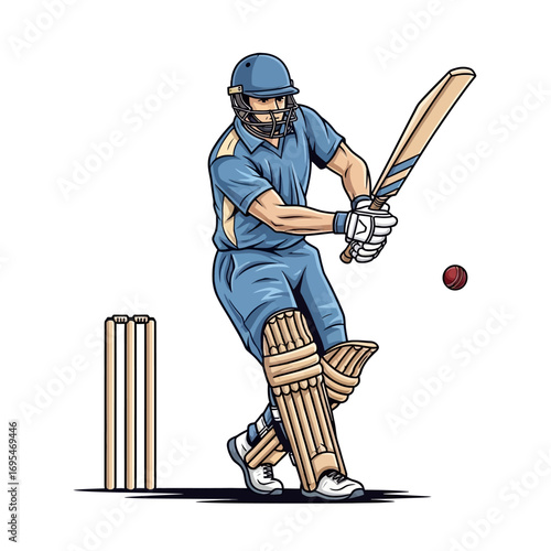 Dynamic cricketer powerfully swings bat at incoming ball, ready to score a winning run in competitive match