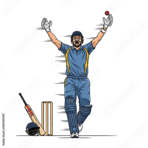 Excited cricketer celebrating victory with arms raised high, holding a red ball, capturing the thrill of the game.