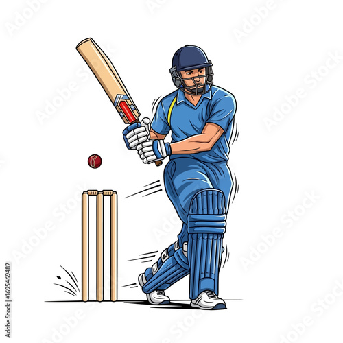 Skilled cricketer in action hitting ball with bat during intense match, showcasing sport's dynamic energy and athletic prowess