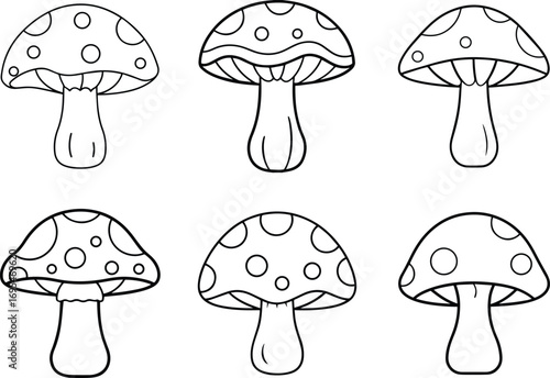 Collection of mushroom line art, black outline, vector and illustration