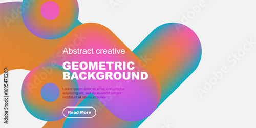 Vibrant abstract shapes overlap white space. Text promotes geometric background design, includes read more button. Modern, colorful composition.