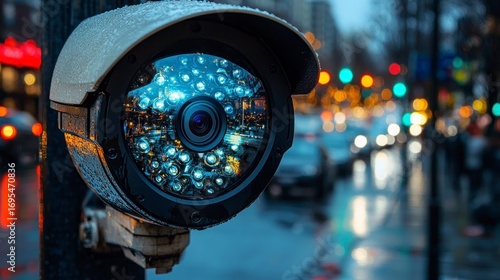 City street security camera in rainy night