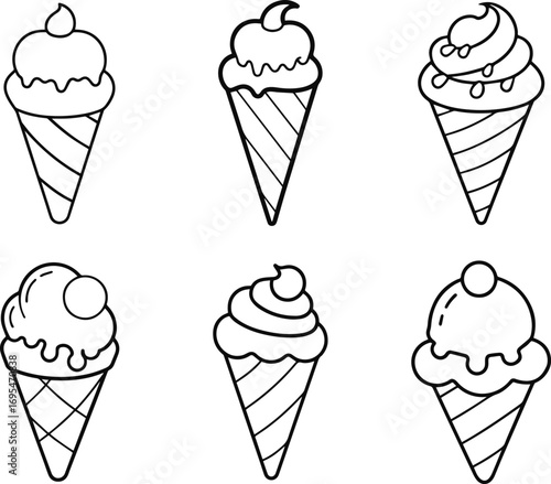 Collection of ice cream cone line art, black outline, vector and illustration