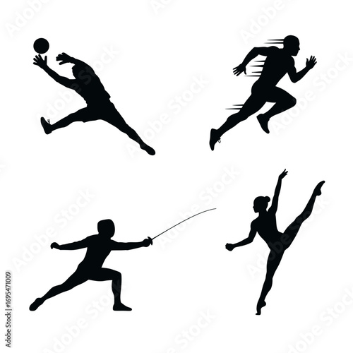 Silhouettes of athletes engaged in various sports activities, including volleyball, running, fencing, and gymnastics.