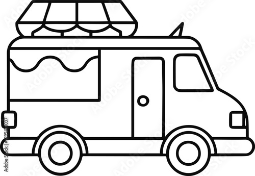 ice cream truck line art, black outline, vector and illustration