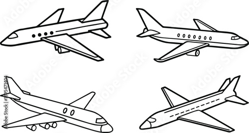 Set of jetliner line art, black outline, vector and illustration