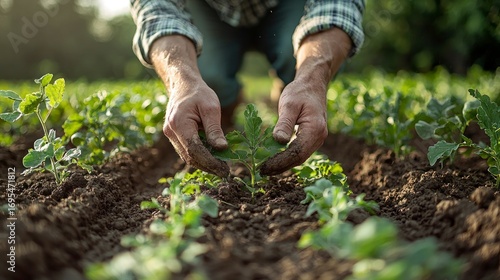 Farmer's hands gently tending young plants in fertile soil