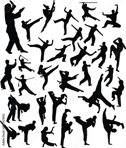 Martial arts silhouette collection, dynamic poses, black vector figures, dance movement illustration, acrobatic stances, combat action, flexibility, strength, balanceMposes, 